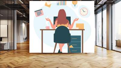 Calm yoga pose of female manager at work. Young multitasking woman sitting at office computer to meditate and control business tasks flat vector illustration. Wellbeing, zen, time management concept Wall mural