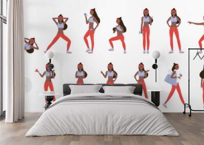 Cartoon active woman doing healthy aerobic exercises or pilates in gym, stretch training. African american black female active sport trainer poses set in front, side and back view vector illustration Wall mural