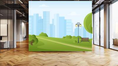 Cartoon downtown landscape panorama with wooden bench on public alley and street lamp, pond and green trees on lawn, blue sky and skyscrapers on horizon. City park in summer vector illustration. Wall mural