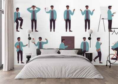 Cartoon man with beard standing, thinking, teaching, professor with stick explaining on lecture in front, side and back view isolated. Young male dark skin teacher poses set vector illustration. Wall mural