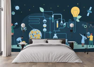 Cartoon tiny people work with scientific equipment, develop innovations, new projects ideas. Startup business teamwork, solution development through science knowledge dark concept vector illustration Wall mural