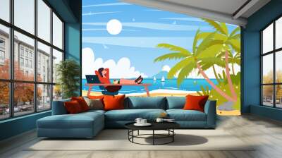 Cartoon woman manager with cocktail and suit enjoy sun, sea and sky of paradise island background. Relax vacation time on beach of happy businesswoman with feet up on office desk vector illustration Wall mural