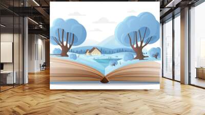 Christmas winter nature in open book vector illustration. Cartoon fairy tale winter scene and landscape on paper pages of storybook, mountain and house, forest trees with snow, cute fantasy world Wall mural