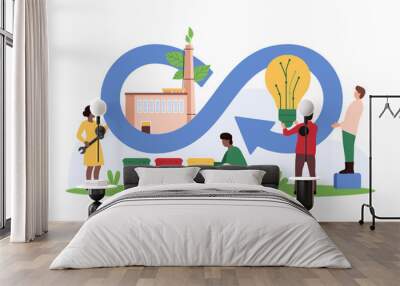 Circular economy development, circulation of materials through waste recycling. Tiny people holding light bulb near infinity sign with factory and leaf on chimney inside cartoon vector illustration Wall mural