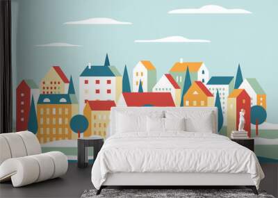 City landscape vector illustration. Cartoon minimal geometric flat style cityscape, colorful urban skyline with residential town buildings in line, nature trees and clouds in sky, river background Wall mural