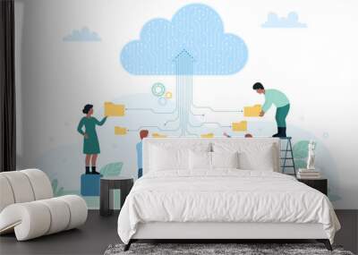 Cloud data storage, network technology vector illustration. Cartoon tiny people holding folders with files to download information to server, characters upload backup of documents and archives Wall mural