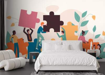 community of business people building teamwork and cooperation. cartoon corporate tiny characters co Wall mural