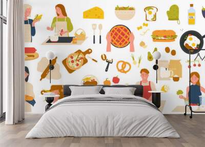 Cooking food at home set vector illustration. Cartoon collection with persons holding bread, vegetables to cook healthy meals, preparing, cutting products with knife in kitchen isolated on white Wall mural