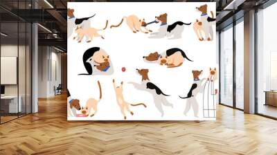 Cute touchable moments friendship pets character set flat cartoon vector illustration isolated on white background. Funny pair of tailed friends together play with ball and ribbon, sleeping, eating Wall mural