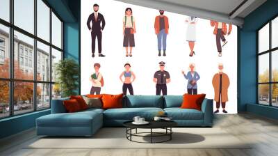 Different job or hobby people vector illustration set. Cartoon flat collection with man woman worker group of characters in uniform, businessman policeman doctor fitness trainer isolated on white Wall mural