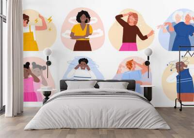 Dizzy people set. Sad woman and man feeling vertigo and headache, sick young and old characters with lightheadedness and stress, sign of star and cloud movement above head cartoon vector illustration Wall mural