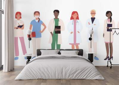 Doctor people vector illustration. Cartoon man woman medical group of doctor characters, hospital worker team with nurse, physician, surgeon. Professional medicine staff occupation isolated on white Wall mural