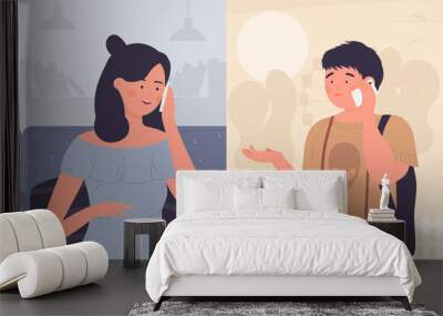 Family call and care, mother talking to teenage son on phone, family fun communication vector illustration. Cartoon mom, teen characters talk by cellphone, communicating through smartphone background Wall mural