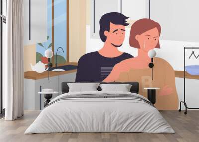 Family or couple people with anxious problem vector illustration. Cartoon young sad woman character standing in home kitchen interior, depressed girl crying, man hugging and soothing background Wall mural