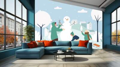 Family people make Christmas snowman together vector illustration. Cartoon active parent and children making funny Xmas snowman from snow balls, Christmas winter outdoor activity in nature background Wall mural