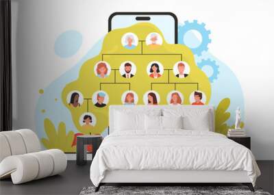 Family tree mobile app, genealogy template vector illustration. Cartoon apple green tree with branches and portraits of four generations of relatives in infographic history chart on phone screen Wall mural