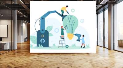 Green energy, eco technology set vector illustration. Cartoon tiny people charge battery of electric car from light bulb on charger station, build lamp together with robot arms, grow plant inside Wall mural