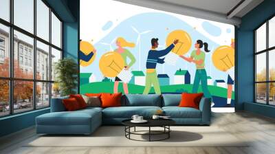 Green energy and environmental smart solutions. Cartoon tiny people holding light bulbs, save nature with electric eco friendly innovations flat vector illustration. Development, ecology concept Wall mural