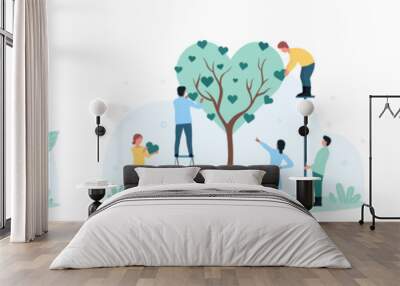 Green technology, environmental innovation set vector illustration. Cartoon tiny people holding recycling sign near eco friendly factory, grow lightbulb plant and tree in heart shape to save ecology Wall mural