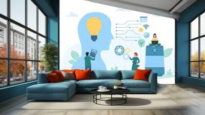 Internet of things, AI technology and software vector illustration. Cartoon tiny people using speakers and voice assistant to interactive control of tech brain and light bulb in abstract human head Wall mural