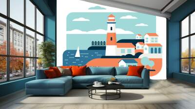 Lighthouse flat vector illustration. Coast tower. Navigational aid for sailors. Marine building. Sea port. Summer travel, sea town landscape. Mediterranean city, cruise ship. Seaside coast Wall mural