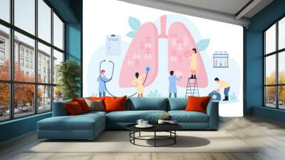 Lungs health, pulmonology vector illustration. Cartoon tiny doctors pulmonologists connect parts of puzzle jigsaw inside human lungs, people work on diagnosis of pulmonary disease with stethoscope Wall mural