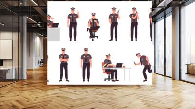 Male policeman character in dynamic poses, side, front and back view set vector illustration. Cartoon young security guard holding gun and traffic ticket, man in cop uniform posing isolated on white Wall mural