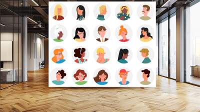 Man woman faces circle avatars for social media network vector illustration set. Cartoon business people heads, manager with glasses and happy office worker portraits front view isolated on white Wall mural