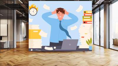 Messy paperwork, office bureaucracy and overtime hardwork of employee vector illustration. Cartoon busy tired frustrated man standing at desk with unorganized paper documents, laptop and boxes Wall mural