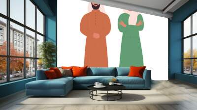 Muslim family or couple people vector illustration. Cartoon arab flat young man woman, arabian husband and wife standing together, saudi characters wearing traditional clothes isolated on white Wall mural