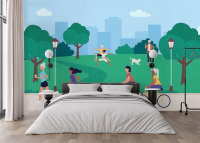 People in sport healthy activity vector illustration. Cartoon flat sportsman characters running, active woman man cycling, skateboarding or walking with pet dog in summer outdoor city park background Wall mural