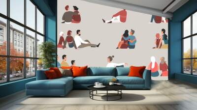 People sit together vector illustration set. Cartoon family with children and couple characters sitting and hugging, young and elderly man woman friends enjoy friendly meeting, happy community Wall mural