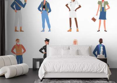 People standing vector illustration set. Cartoon happy elderly and young man woman character standing, hipster student villager doctor policeman businessman and businesswoman smiling isolated on white Wall mural