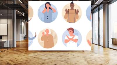 People with stop gesture in round avatar set vector illustration. Cartoon adult man and woman showing different denial poses with negative emotions, cross arms. Boycott, objection, reject concept Wall mural