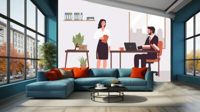 People work in director office of modern company vector illustration. Cartoon corporate boss businessman character sitting at desk with laptop, business lady standing with documents background Wall mural