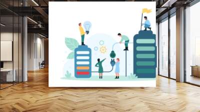 Power and energy generation set vector illustration. Cartoon tiny people use powerbank to charge low battery, recharge phone with charger solar station, turn on light bulb in electricity network Wall mural