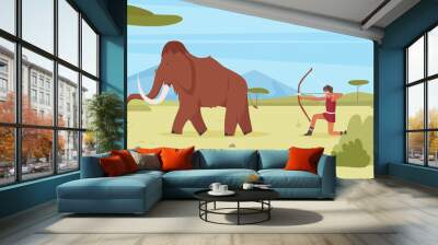 Primitive people hunt mammoth vector illustration. Cartoon stone age hunter man character hunting with bow and arrow on mammoth ancient animal, caveman of prehistoric period with weapon background Wall mural