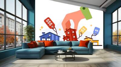 Property investment, real estate mortgage or rent affordability calculation. Big hand holding small house to choose affordable home size according to price and budget cartoon vector illustration Wall mural