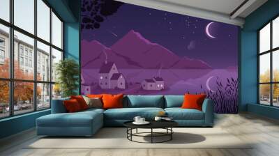 Rural night landscape scene and village by river vector illustration. Cartoon countryside night purple scenery with farm houses under moon and stars, river or lake and mountains on horizon background Wall mural