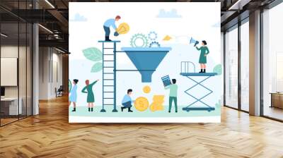 Sales funnel, digital marketing vector illustration. Cartoon tiny people work with cone funnel for conversion data, gears and light bulb to money, search and find of profit strategy and solution Wall mural