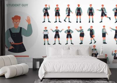 Student boy poses vector illustration set. Cartoon flat young male character standing in different postures, waving, cheerful guy in casual clothes studying with books and laptop isolated on white Wall mural