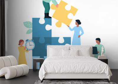 Team building for business growth vector illustration. Cartoon tiny people holding puzzle pieces to build and put in company ladder, employees climbing career stairs from stack of jigsaw blocks Wall mural