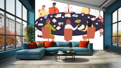 Teamwork of business people sitting at round office table vector illustration. Cartoon corporate team meeting at conference together, employees and chairman characters sit to discuss and exchange idea Wall mural