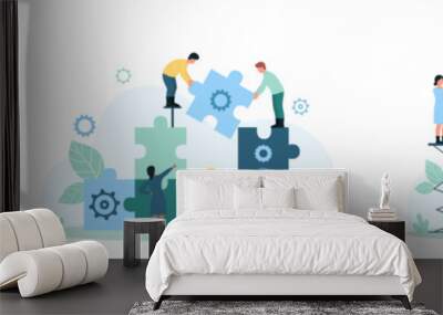 Teamwork with puzzle set vector illustration. Cartoon tiny people build partnership, creative thinking and team cooperation, create puzzle jigsaw inside silhouettes of head and light bulb together Wall mural