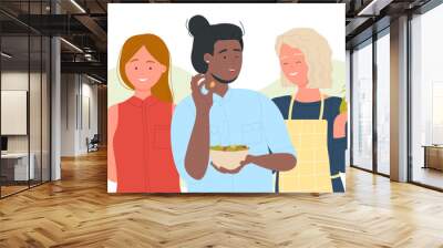 Vegan healthy lifestyle, food diet and nutrition. Cartoon young people holding vitamin vegetable ingredient and cooking, vegetarian tasty meal on plate flat vector illustration. Nourishment concept Wall mural