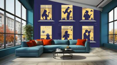 Windows of home apartments with silhouettes of people neighbours behind curtains vector illustration. Cartoon life scenes of female male characters spend time at evening in frame of building exterior Wall mural