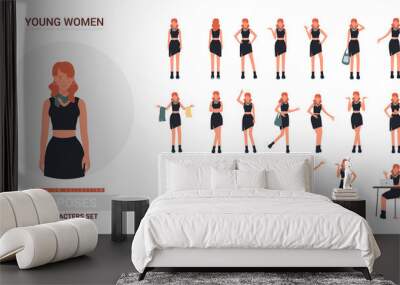 Young fashion girl poses vector illustration set. Cartoon stylish redhead woman in fashionable trendy black clothes, model posing, standing and showing various gestures collection isolated on white Wall mural