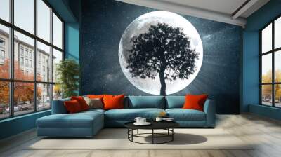 3d illustration of tree against the background of a full moon and a rotating universe around Wall mural