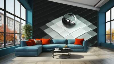 3d render of a black and white sphere on glossy geometric tiles in a dark minimalist setting Wall mural