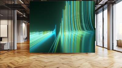 Abstract black background with green blue neon lines go up and disappear. 3d illustration Wall mural